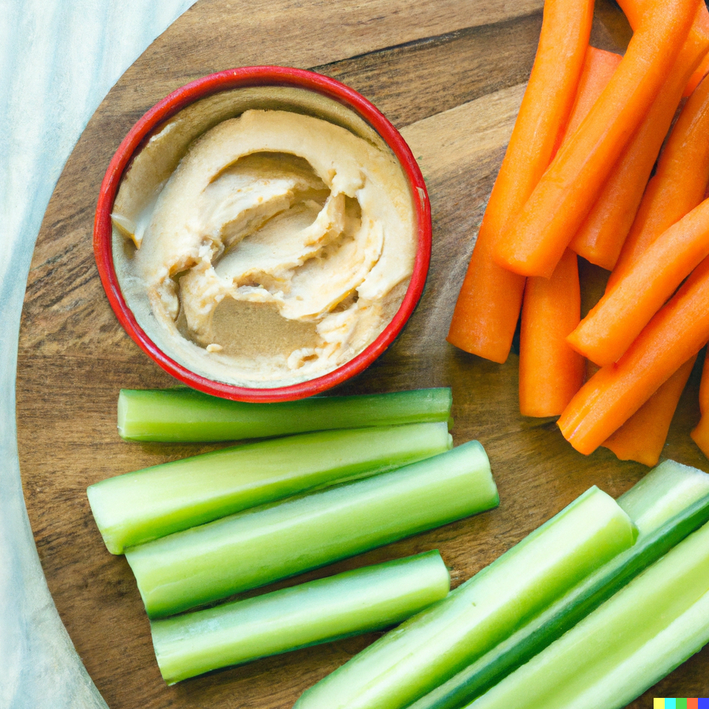 An image of a side of hummus with carrots and celery sticks