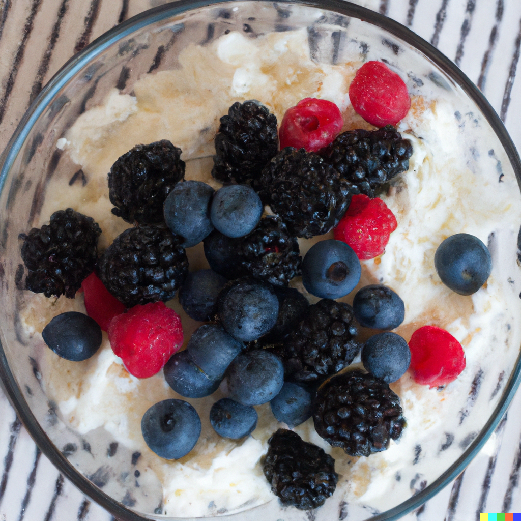 An image of cottage cheese in a bowl, topped with raspberries, blueberries, and blackberries