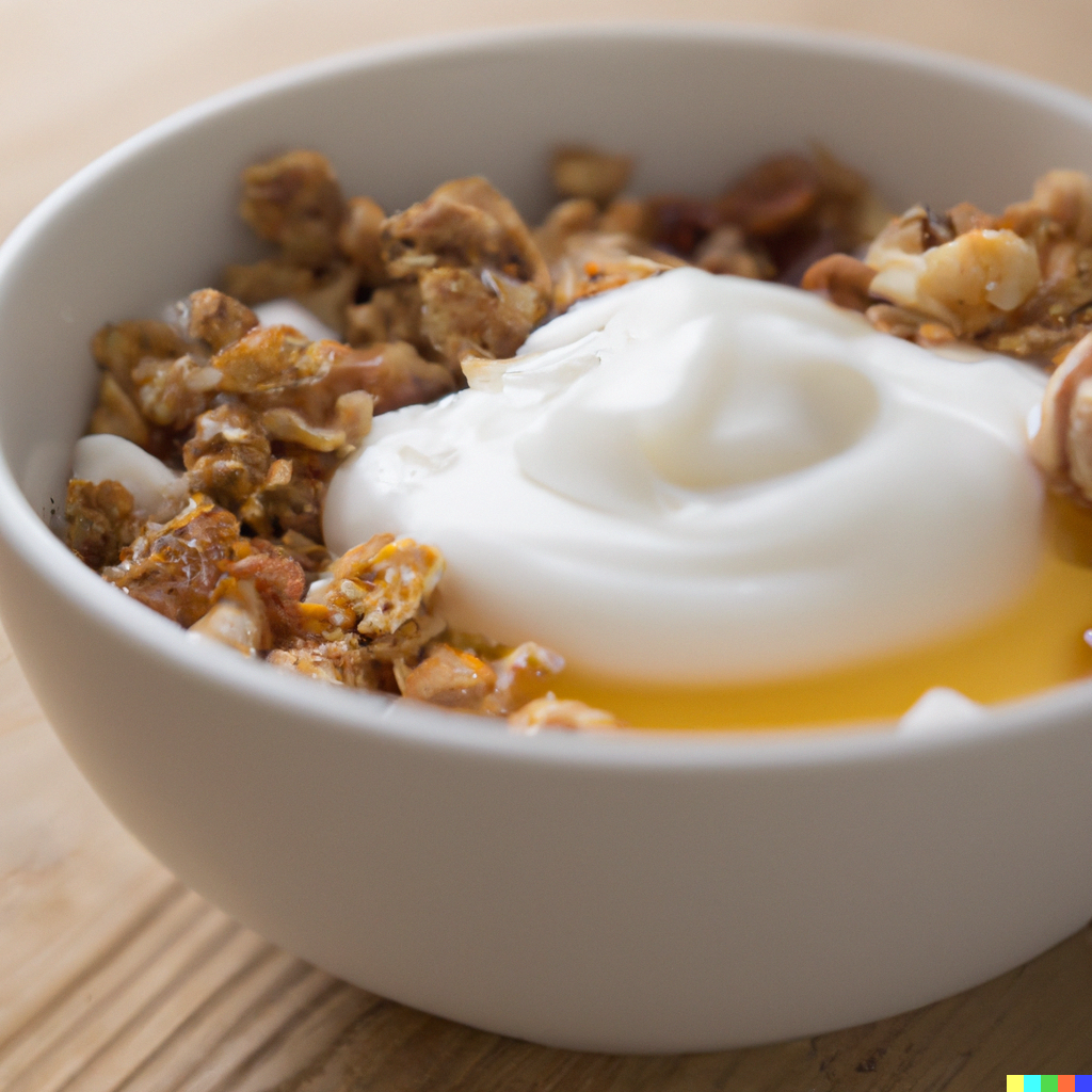 An image of a bowl of greek yogurt with granola and honey