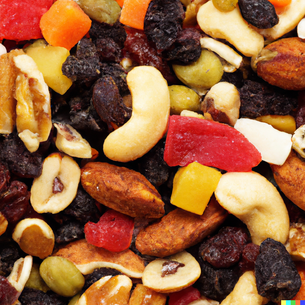 An image of trail mix with nuts and dried fruit